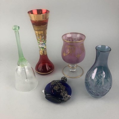 Lot 214 - A BLUE GLASS AND WHITE METAL PERFUME BOTTLE AND OTHER COLOURED GLASS ITEMS