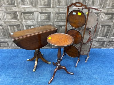 Lot 242 - A SUTHERLAND TABLE, A CIRCULAR WINE TABLE AND TWO CAKE STANDS