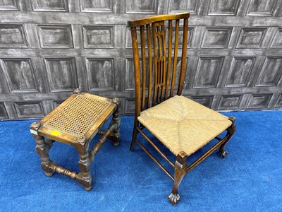 Lot 244 - A 20TH CENTURY SATIN WOOD AND WICKER CHILD'S CHAIR AND AN OAK STOOL