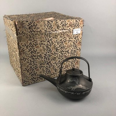Lot 38 - A CHINESE PEWTER TEA POT AND A CHINESE BOX