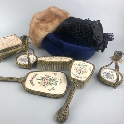 Lot 59 - A BRASS AND PETIT POINT DRESSING TABLE SET AND OTHER ITEMS