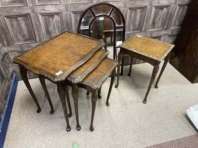 Lot 62 - A MAHOGANY NEST OF THREE TABLES, ANOTHER TABLE AND MIRROR