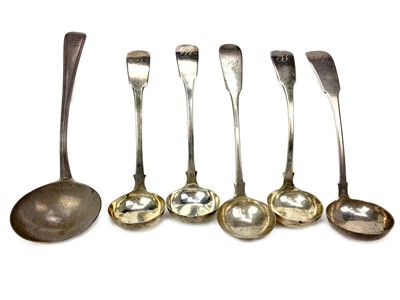 Lot 490 - A LOT OF FIVE SILVER TODDY LADLES ALONG WITH A SILVER SAUCE LADLE