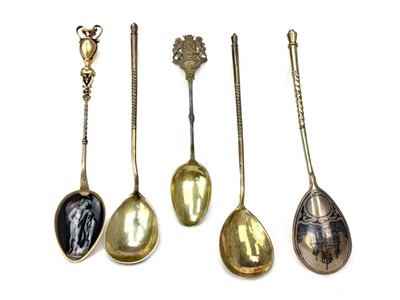 Lot 493 - A RUSSIAN SILVER AND NIELLO SPOON ALONG WITH FOUR OTHERS