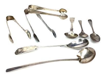 Lot 497 - A LOT OF SILVER MUSTARD AND CRUET SPOONS, AND TONGS