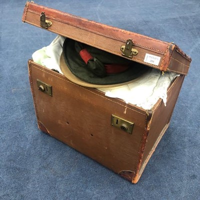 Lot 331 - A LEATHER TRAVEL CASE, VARIOUS LINEN AND HATS