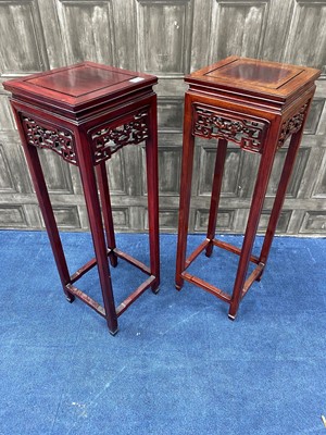 Lot 341 - A PAIR OF 20TH CENTURY CHINESE HARDWOOD PLANT TABLES