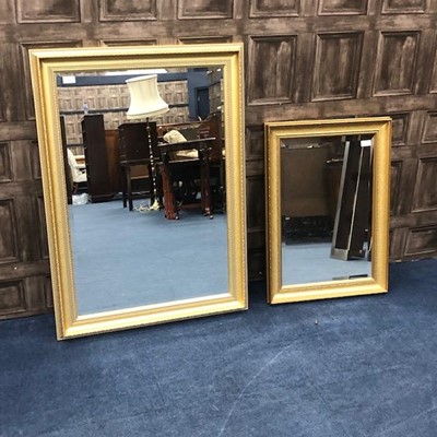 Lot 351 - A DECORATIVE RECTANGULAR WALL MIRROR AND A SMALLER WALL MIRROR