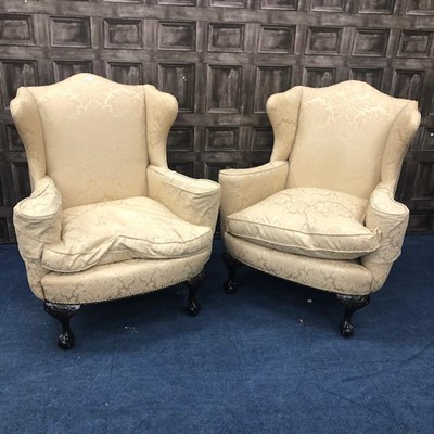 Lot 1652 - A PAIR OF MAHOGANY FRAMED WING BACK ARM CHAIRS OF QUEEN ANNE DESIGN