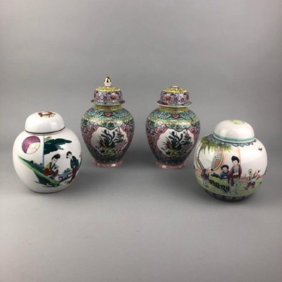 Lot 73 - A PAIR OF CHINESE LIDDED VASES AND TWO CHINESE GINGER JARS