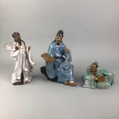 Lot 81 - A CHINESE CERAMIC FIGURE OF A SCHOLAR AND FOUR OTHER FIGURES
