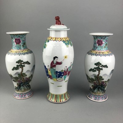 Lot 329 - A PAIR OF CHINESE VASES AND LIDDED VASE