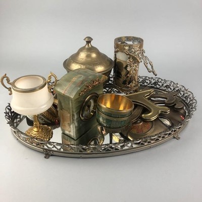 Lot 98 - A SILVER PLATED SERVING TRAY, MANTEL CLOCK AND OTHER ITEMS