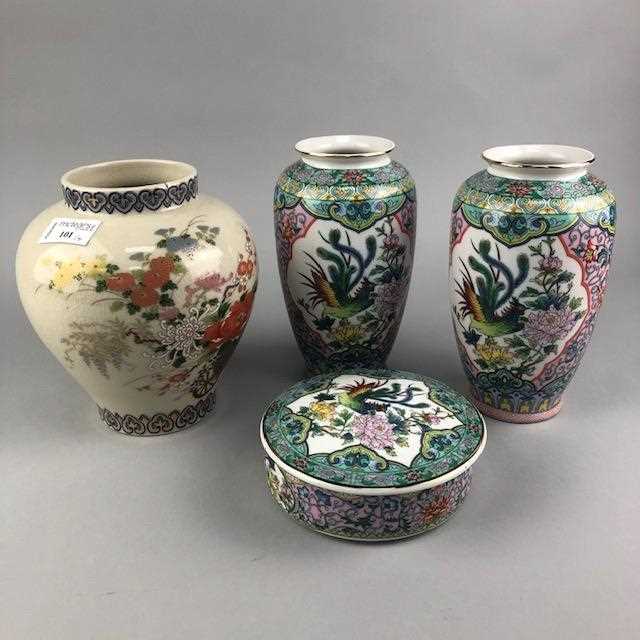 Lot 101 - A PAIR OF CHINESE VASES, LIDDED DISH AND A CRACKLE GLAZE VASE