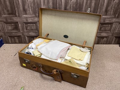 Lot 353 - A W.J STONE & CO VINTAGE LEATHER SUITCASE AND VARIOUS LINEN