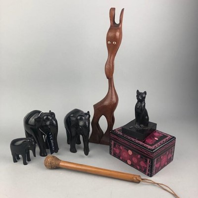 Lot 364 - A PAIR OF CARVED WOOD ELEPHANT FIGURES AND OTHER WOOD ITEMS