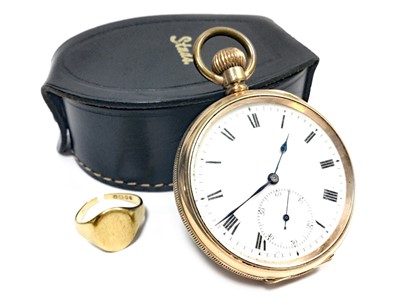 Lot 1404 - A GOLD PLATED POCKET WATCH AND A GOLD SIGNET RING