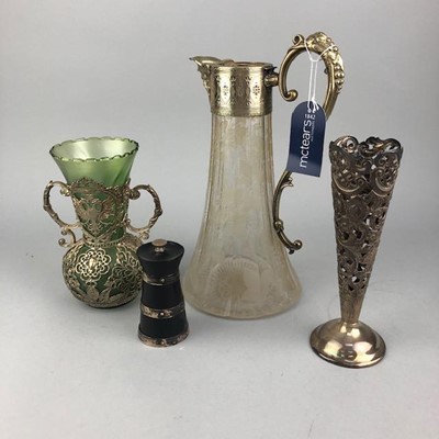 Lot 375 - AN EDWARDIAN WHITE METAL VASE, A CLARET JUG AND OTHER ITEMS