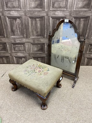 Lot 380 - A WALNUT DRESSING MIRROR AND A FOOTSTOOL