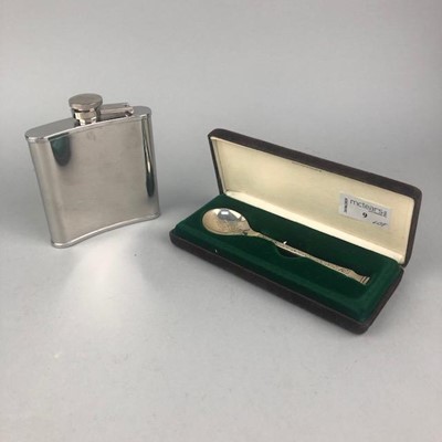 Lot 9 - A SILVER COMMEMORATIVE SPOON, TWO HIP FLASKS AND OTHER ITEMS