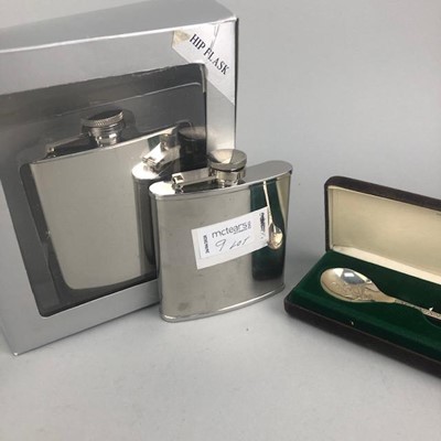 Lot 9 - A SILVER COMMEMORATIVE SPOON, TWO HIP FLASKS AND OTHER ITEMS