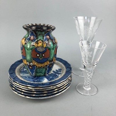 Lot 421 - A HAND PAINTED VASE, BLUE AND WHITE PLATES AND TWO GLASS VASES