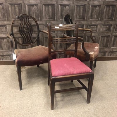 Lot 202 - A PAIR OF OAK ARMCHAIRS AND ANOTHER CHAIR