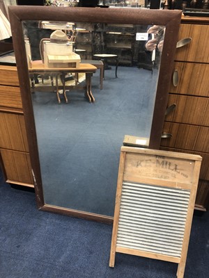 Lot 196 - A STAINED WOOD WALL MIRROR AND A VINTAGE WASHBOARD