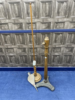 Lot 210 - A 20TH CENTURY PAIR OF BELLOWS, A VICTORIAN POLE SCREEN STAND AND A PEDESTAL