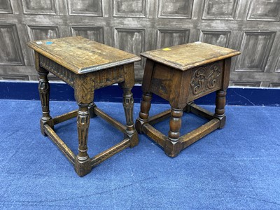 Lot 213 - A 20TH CENTURY CARVED OAK STOOL AND A SEWING BOX