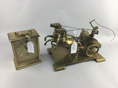 Lot 249 - A BRASS MODEL OF A CHARIOT, A CARRIAGE CLOCK AND A WALL CLOCK