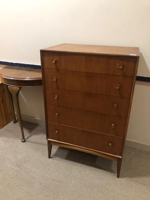 Lot 258 - A WALNUT D-SHAPED HALL TABLE AND A TEAK CHEST OF DRAWERS