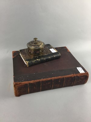 Lot 191 - A BRASS LIDDED DISH AND TWO LEATHER BOUND BOOKS