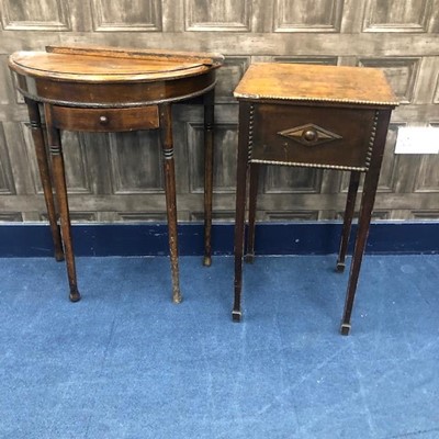 Lot 142 - A MAHOGANY DEMI LUNE SIDE TABLE, STAINED WOOD SEWING TABLE AND A CHAIR
