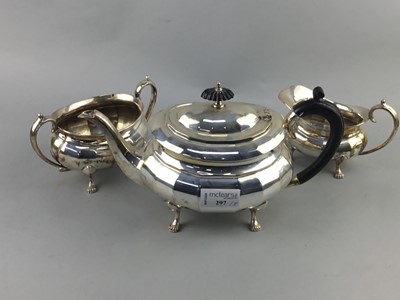 Lot 291 - A SILVER PLATED THREE PIECE TEA SERVICE AND TWO SILVER PLATED TEA POTS