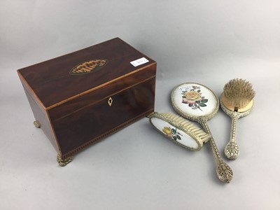 Lot 304 - A DRESSING TABLE SET AND A MAHOGANY INLAID TEA CADDY