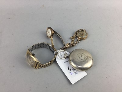 Lot 308 - A SILVER FULL HUNTER POCKET WATCH AND THREE LADY'S WRISTWATCHES