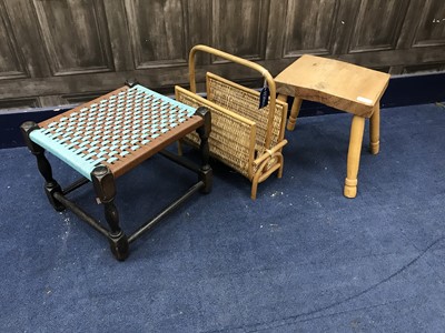 Lot 159 - A WICKER MAGAZINE RACK AND TWO FOOTSTOOLS