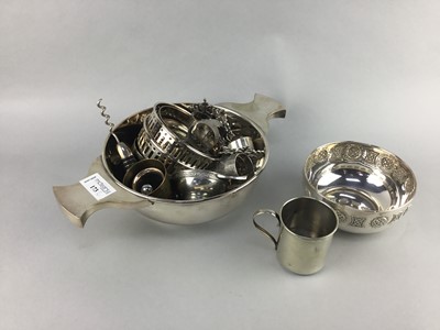 Lot 173 - A SILVER PLATED QUAICH, WINE SLIDES AND OTHER ITEMS