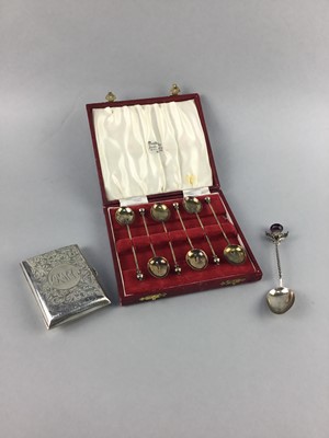 Lot 177 - A SET OF SIX SILVER AND ENAMEL SPOONS AND A CIGARETTE CASE