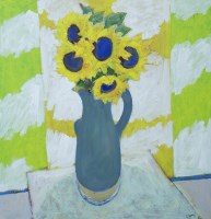 Lot 281 - * JACK SHORE, SUNFLOWERS IN A BLUE JUG acrylic...