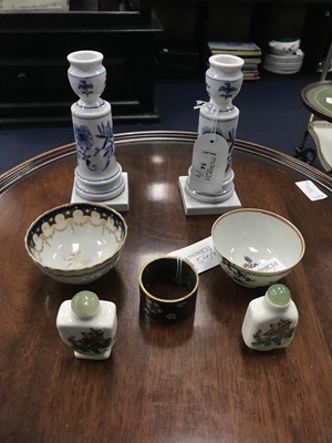 Lot 54 - A PAIR OF GERMAN BLUE AND WHITE CANDLESTICKS AND OTHER ITEMS