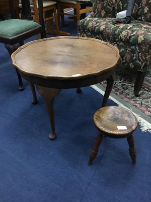 Lot 53 - A WALNUT TABLE ALONG WITH A MILKING STOOL
