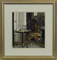 Lot 285 - * ETHEL WALKER, TABLE BY THE WINDOW gouache on...