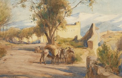 Lot 221 - DONKEYS RESTING UNDER A TREE, A WATERCOLOUR BY GEORGE DENHOLM ARMOUR