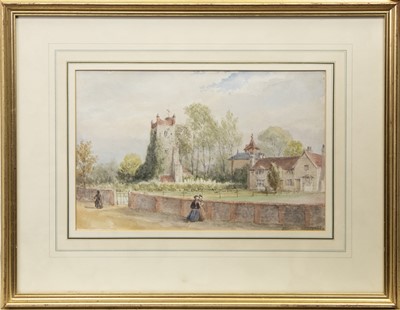 Lot 215 - THREE LADIES WALKING PAST A COUNTRY HOUSE, A WATERCOLOUR BY EDGAR E WEST