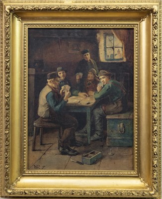 Lot 97 - GROUP OF FISHERMEN PLAYING CARDS, A WATERCOLOUR BY JOHN SIMPSON