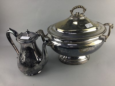 Lot 118 - A SILVER PLATED TUREEN, TWO COFFEE POTS AND OTHER ITEMS