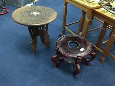 Lot 77 - A LARGE CHINESE STAINED WOOD STAND AND A CARVED WOOD TABLE