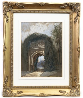 Lot 120 - OVERGROWN CLASSICAL ARCH, A WATERCOLOUR AND PASTEL BY GEORGE CLARKSON